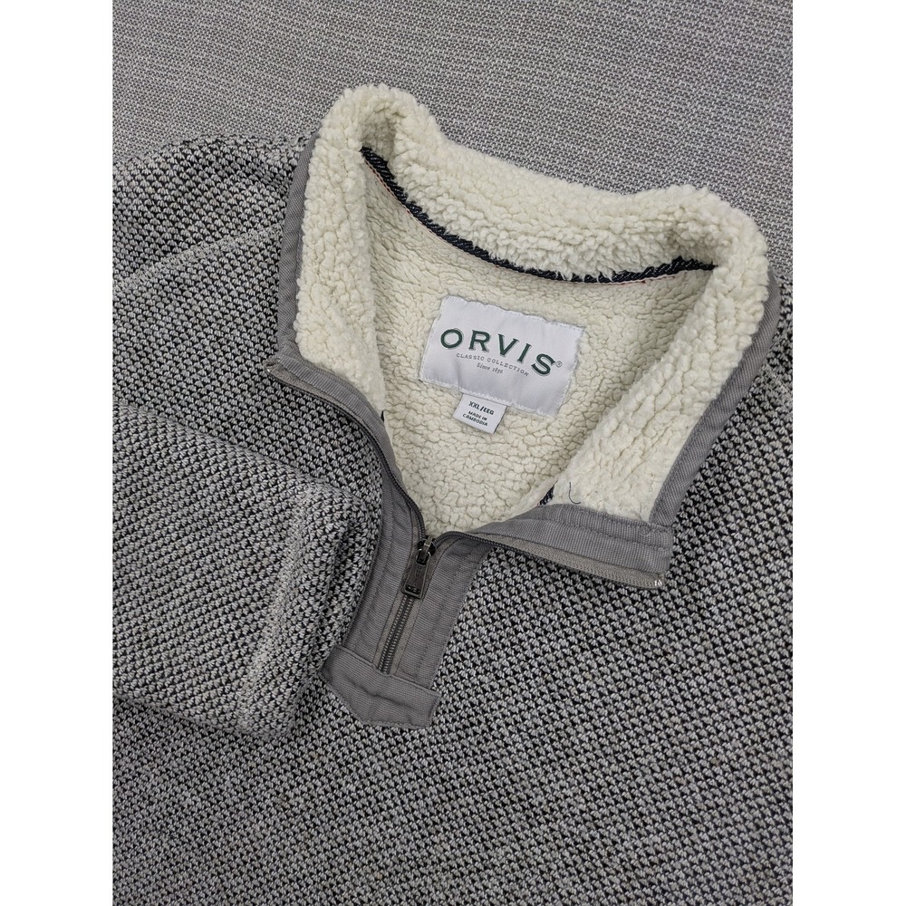 Orvis Sweater Mens 2XL Gray Sherpa Lined 1/4 Zip Mock Neck Waffle Knit Pullover